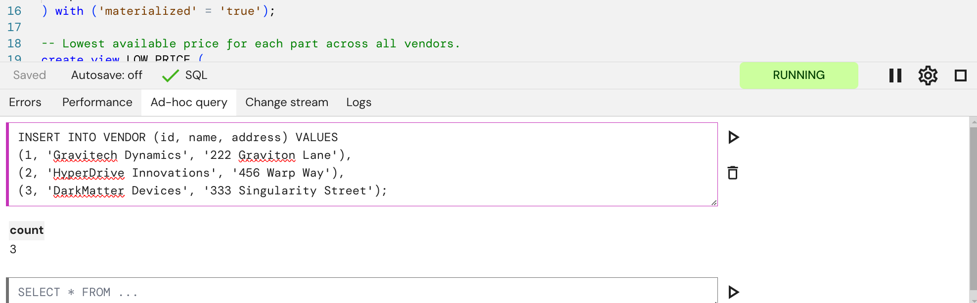 Query to insert vendor data