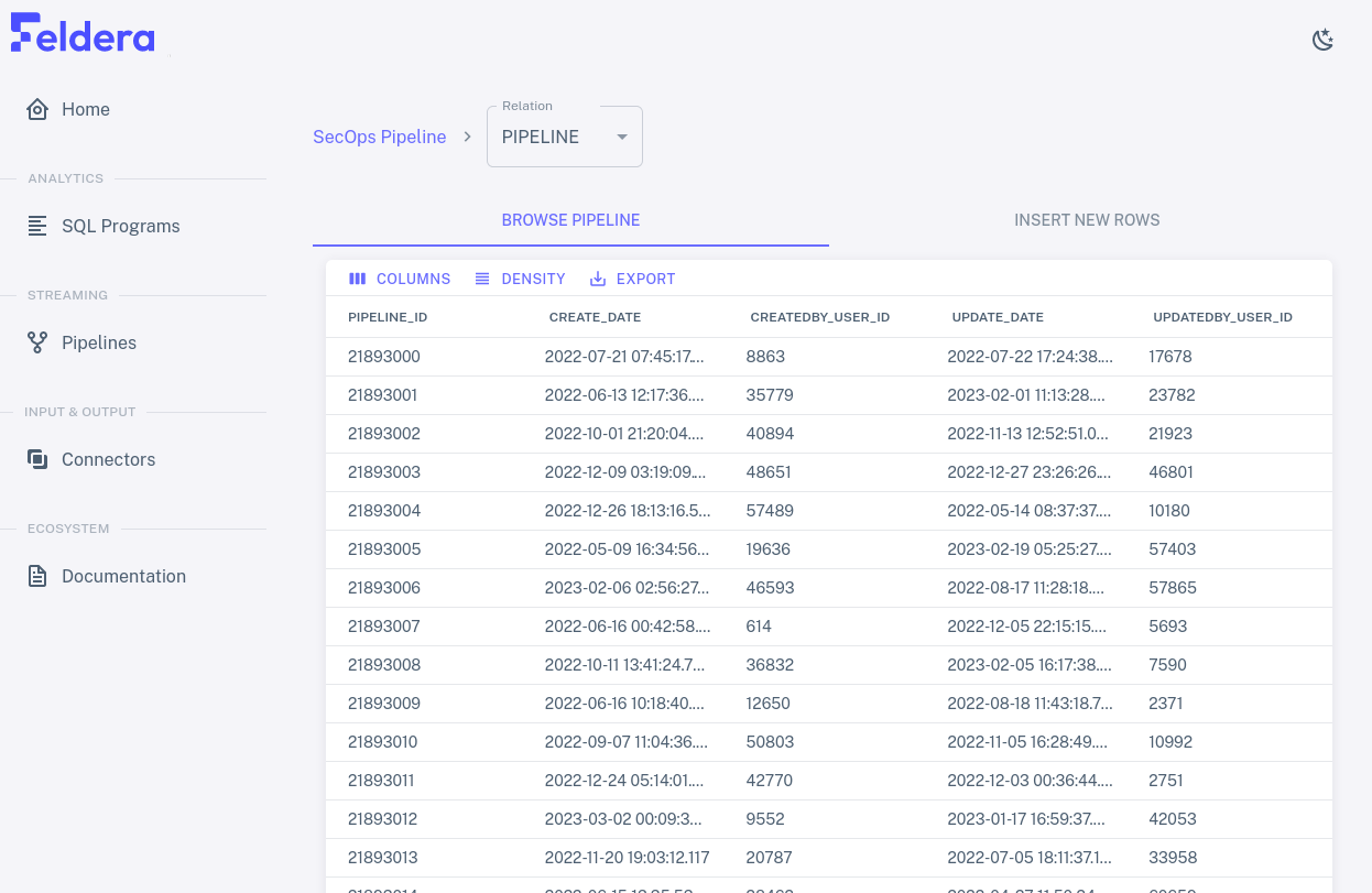 Pipeline table data view