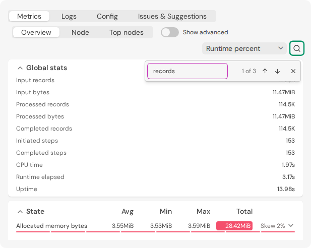 Searching in the Metrics tab